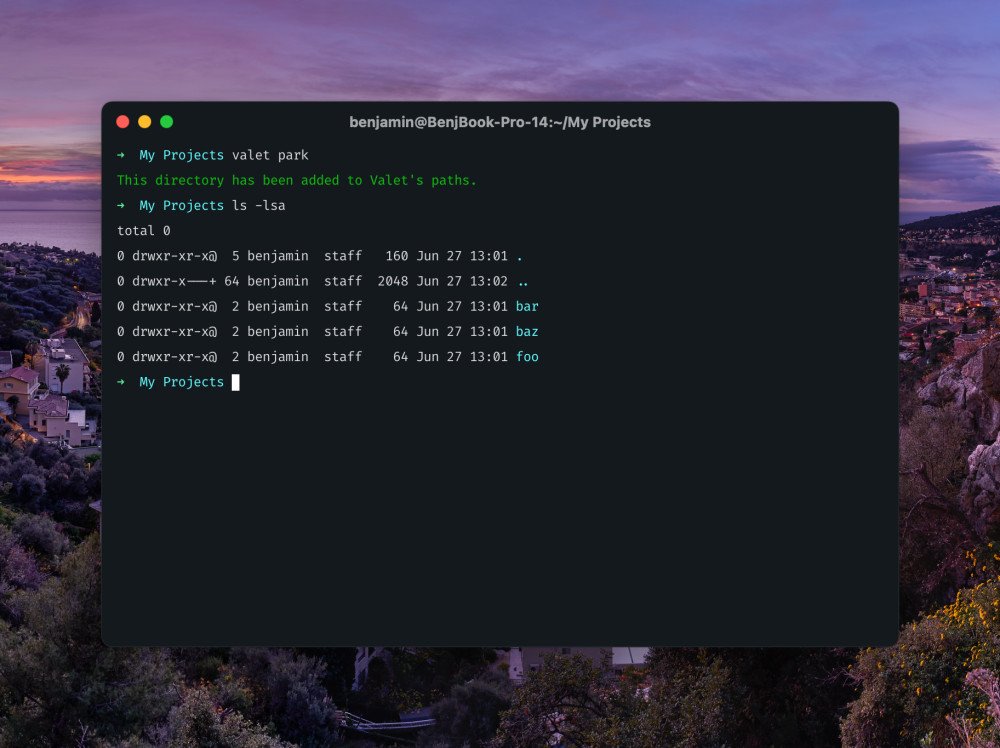 A terminal showing how to add a folder to Laravel Valet with the command valet park.